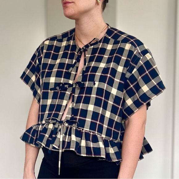 Reworked Ralph Lauren Coquette Plaid Dark Academia Ruffle Blouse - Size S/M - Picture 2 of 11